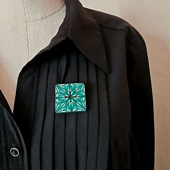 Funky Handcrafted Blue Green Cut Clay Mandela Pin Brooch with Rhinestone… - Picture 1 of 6